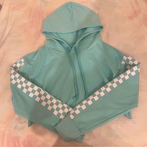 Turquoise Checkered Cropped Hoodie